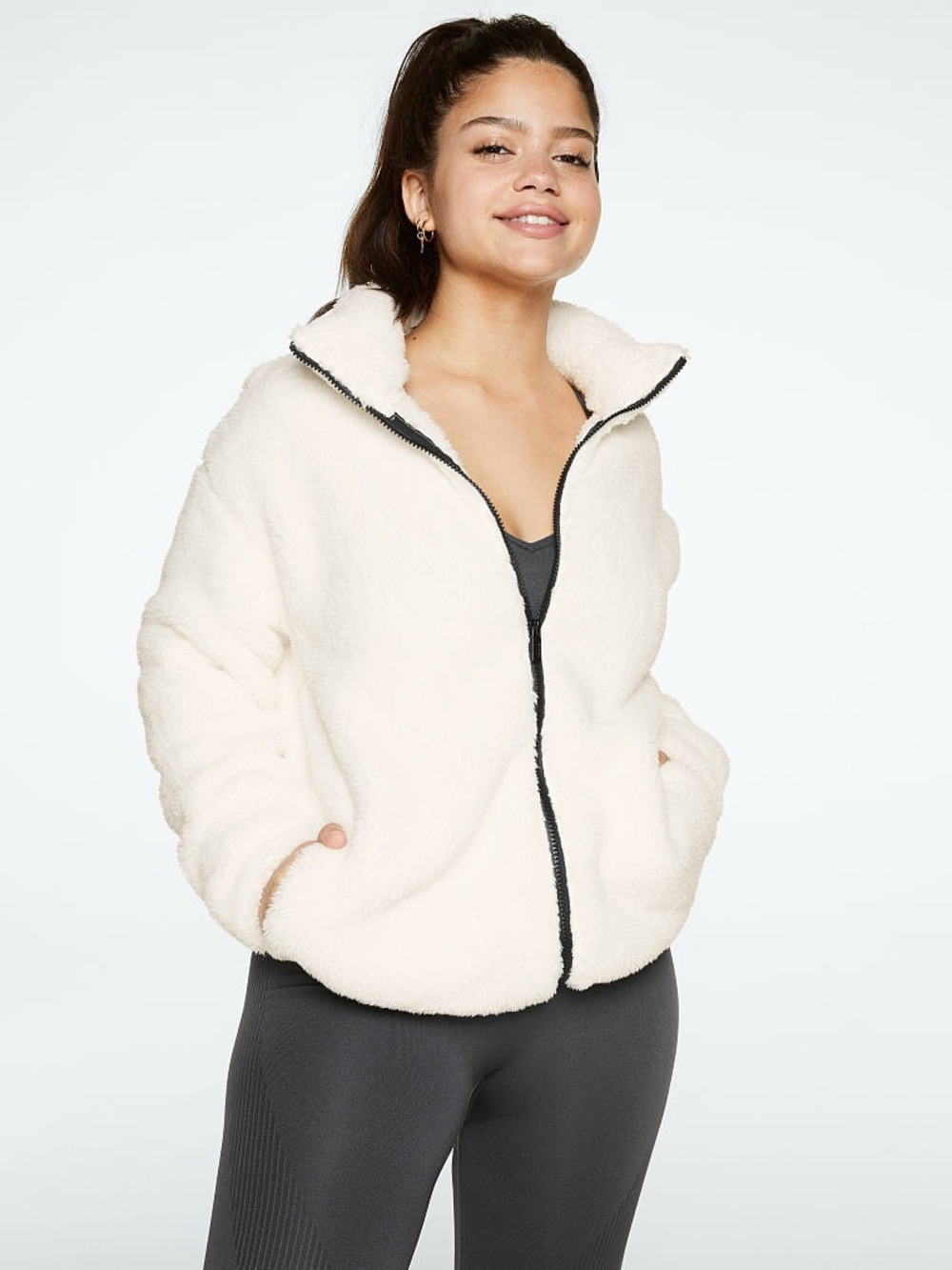 Victoria Secret PINK Teddy Fleece Sherpa Full Zip Jacket WHITE Small